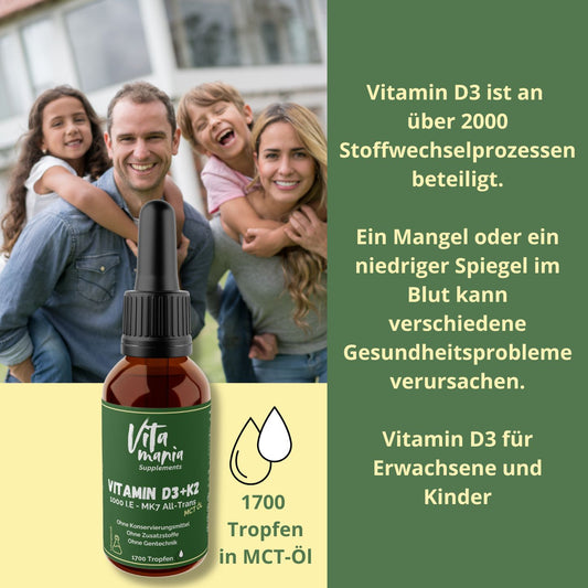 Vitamin D3 + K2 - 1.700 Tropfen (1.000 I.E.) in MCT Öl - 50ml
