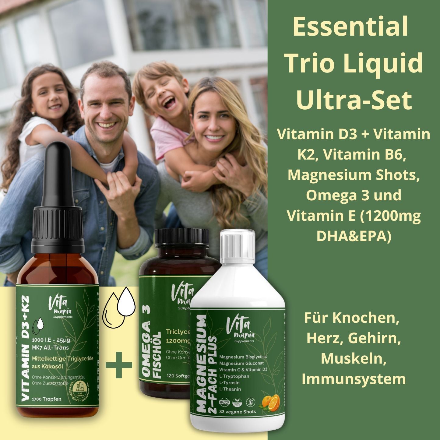 Essential Trio Liquid Set - Premium Vitamin D3+K2/MK7, Magnesium Shots, Omega3(1200mg)