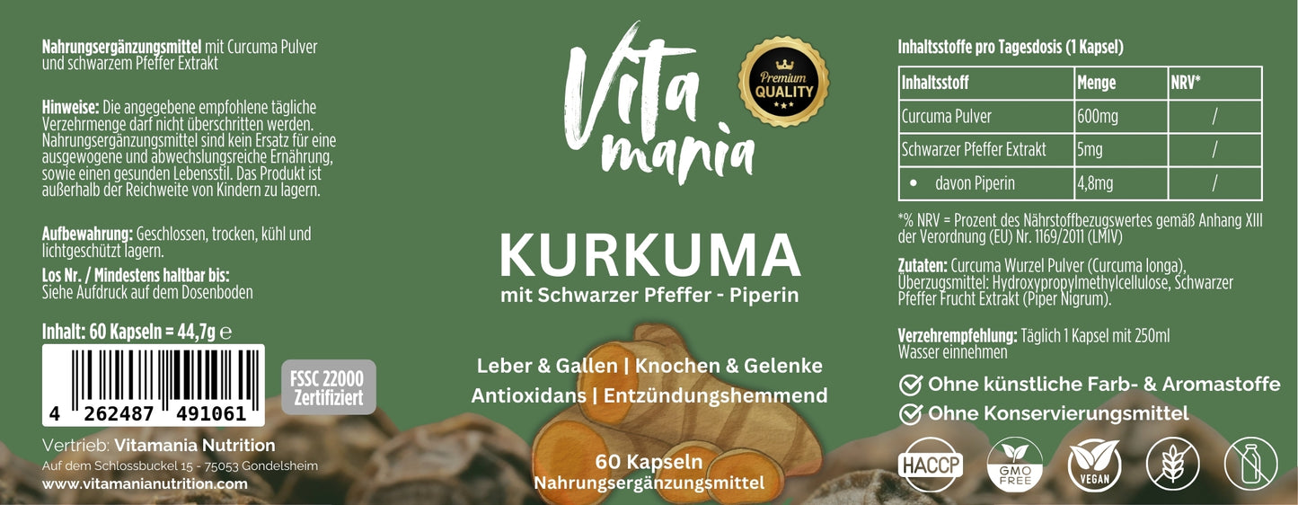 Kurkuma aus Curcuma longa + Piperin - 60 Kapseln