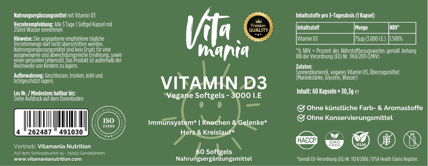 Vitamin D3 3.000 I.E - 60 vegane Softgels