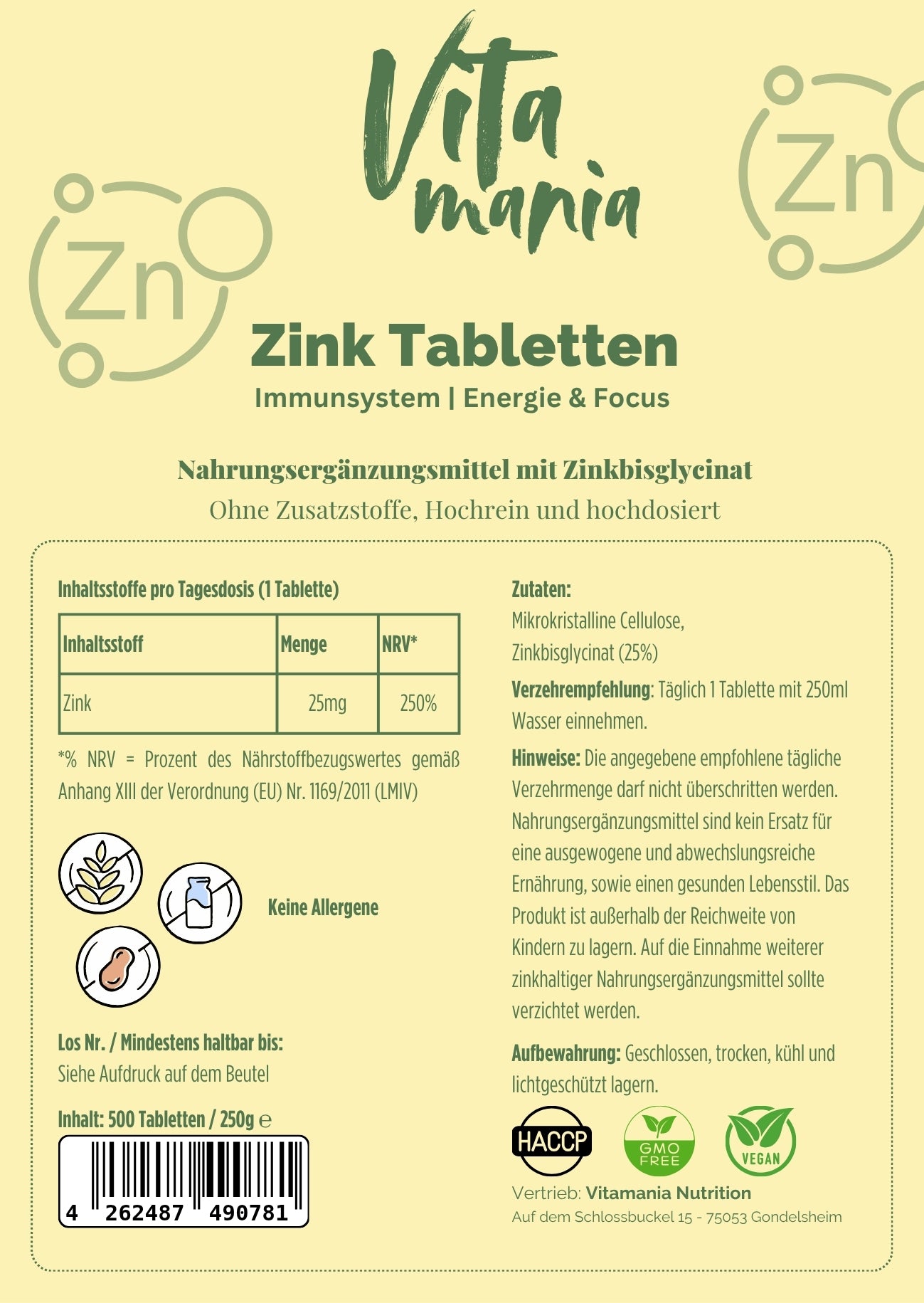 25mg Zink Bisglycinat - 500 Tabletten