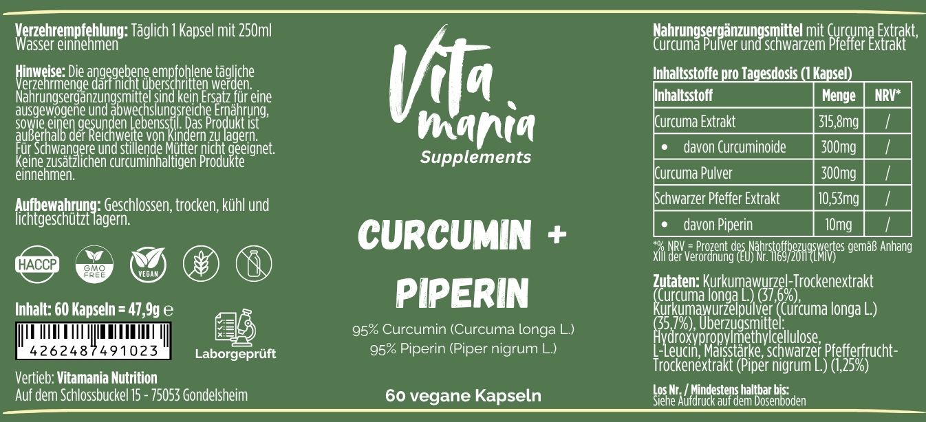 Curcumin + Piperin - 60 vegane Kapseln