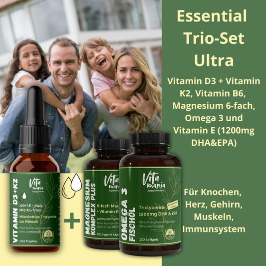 Essential Trio-Set - Premium Vitamin D3+K2/MK7, Magnesium 6-fach, Omega3(1200mg)