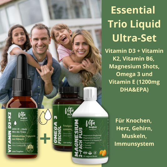Essential Trio Liquid Set - Premium Vitamin D3+K2/MK7, Magnesium Shots, Omega3(1200mg)
