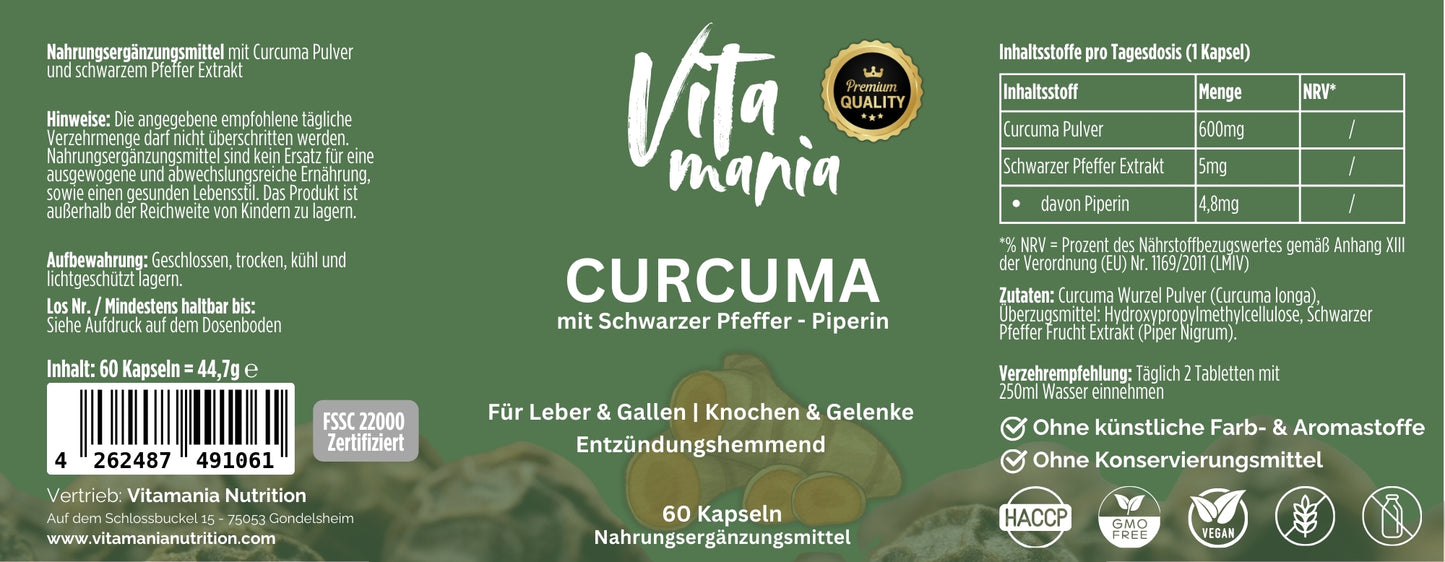 Curcuma + Piperin - 60 Kapseln