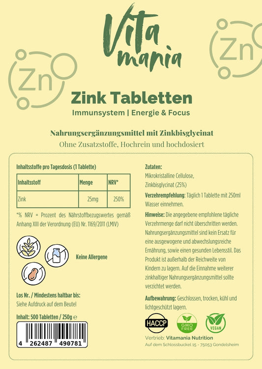 25mg Zink Bisglycinat - 500 Tabletten