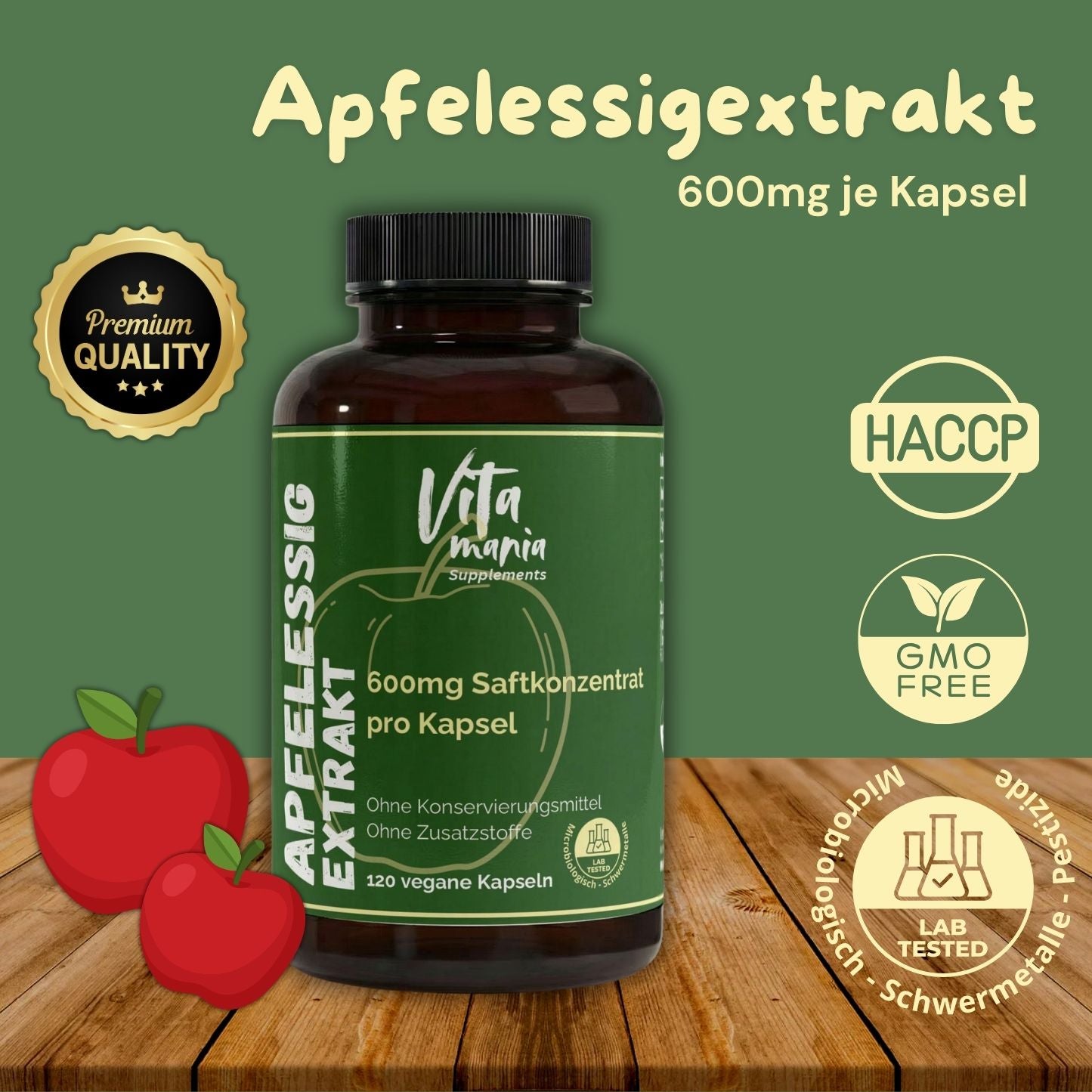 Estratto di aceto di mele in capsule (600 mg per capsula) - 120 capsule vegane